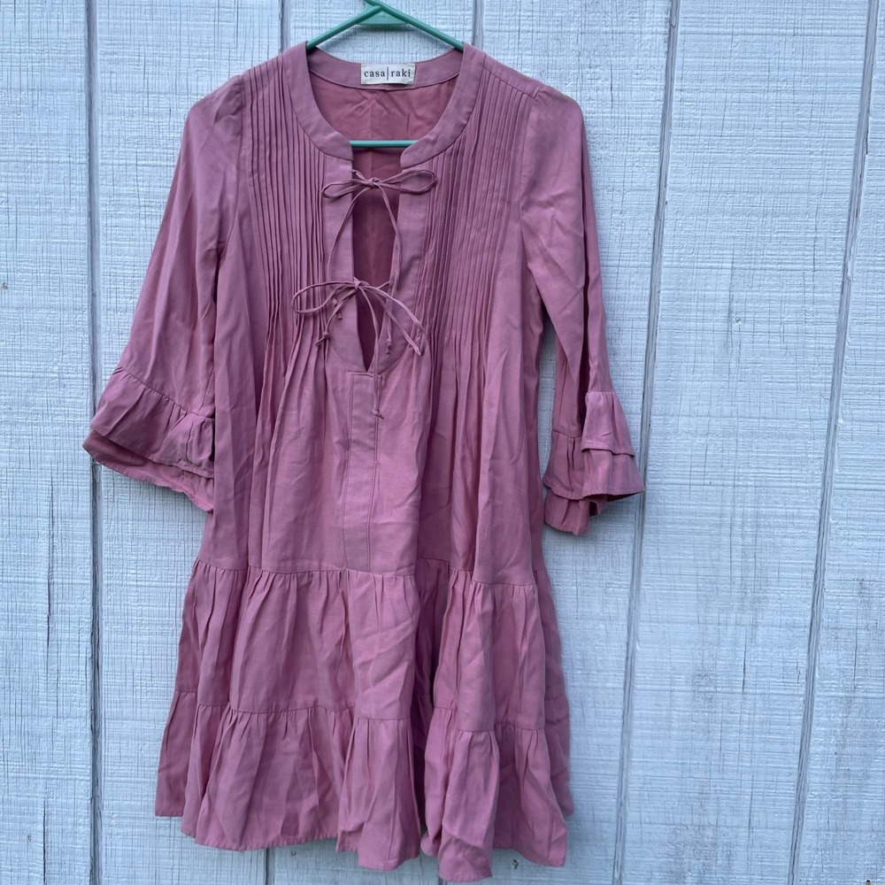 Casa Raki Mini Dress Tiered‎ Ruffle Sleeve Tie Neck Pink XS